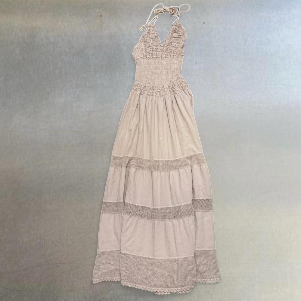 Medium Smocked Halter Maxi Dress in Light Beige